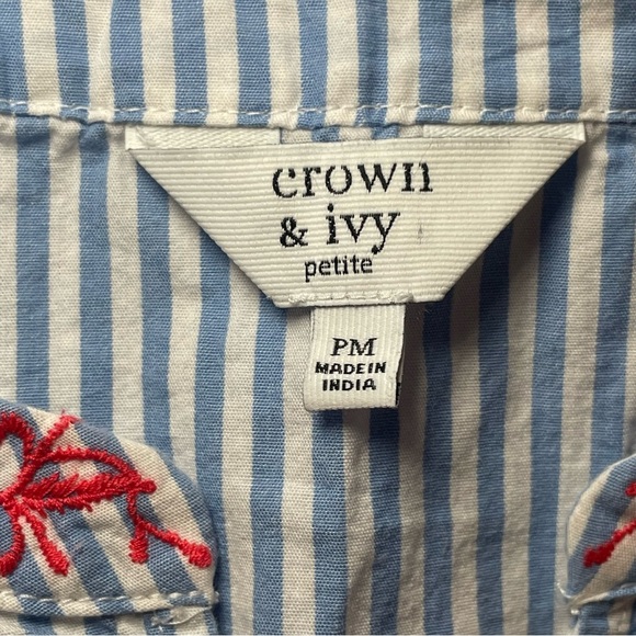 Crown & Ivy Blue White Stripe Embroidered Peplum Top Petite Medium Boho Peasant - Picture 6 of 11